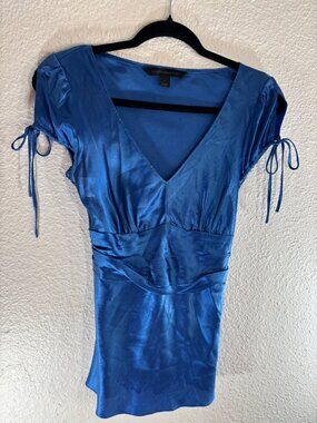Express Babydoll Top Blue Silk V-Neck Back-Tie Women Size Small Y2K